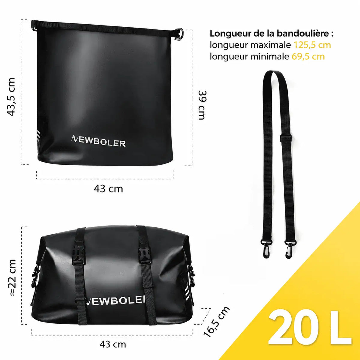 Dimensions de la sacoche montée et à plat, avec bandoulière réglable