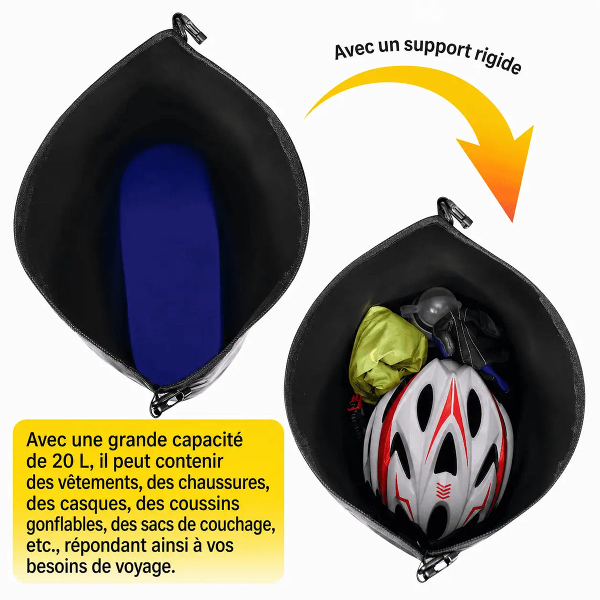 Support rigide intérieur et contenu rangé dans les 20 L : vêtements, casque et sacs de couchage