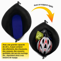 Support rigide intérieur et contenu rangé dans les 20 L : vêtements, casque et sacs de couchage