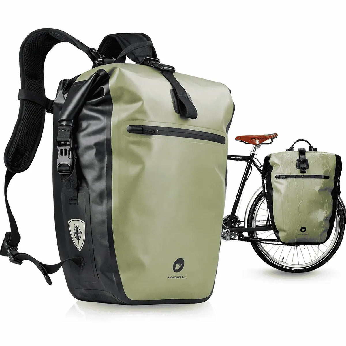 Sacoche vert olive 27L convertible avec brételles, vue backpack et fixation porte-bagages