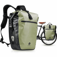 Sacoche vert olive 27L convertible avec brételles, vue backpack et fixation porte-bagages