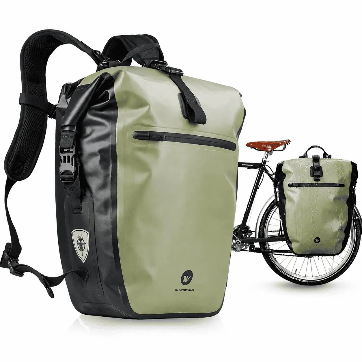 Sacoche vert olive 27L convertible avec brételles, vue backpack et fixation porte-bagages