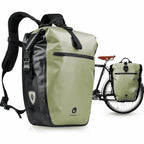 Sacoche vélo 27L vert olive fixée sur le porte-bagage arrière d'un vélo