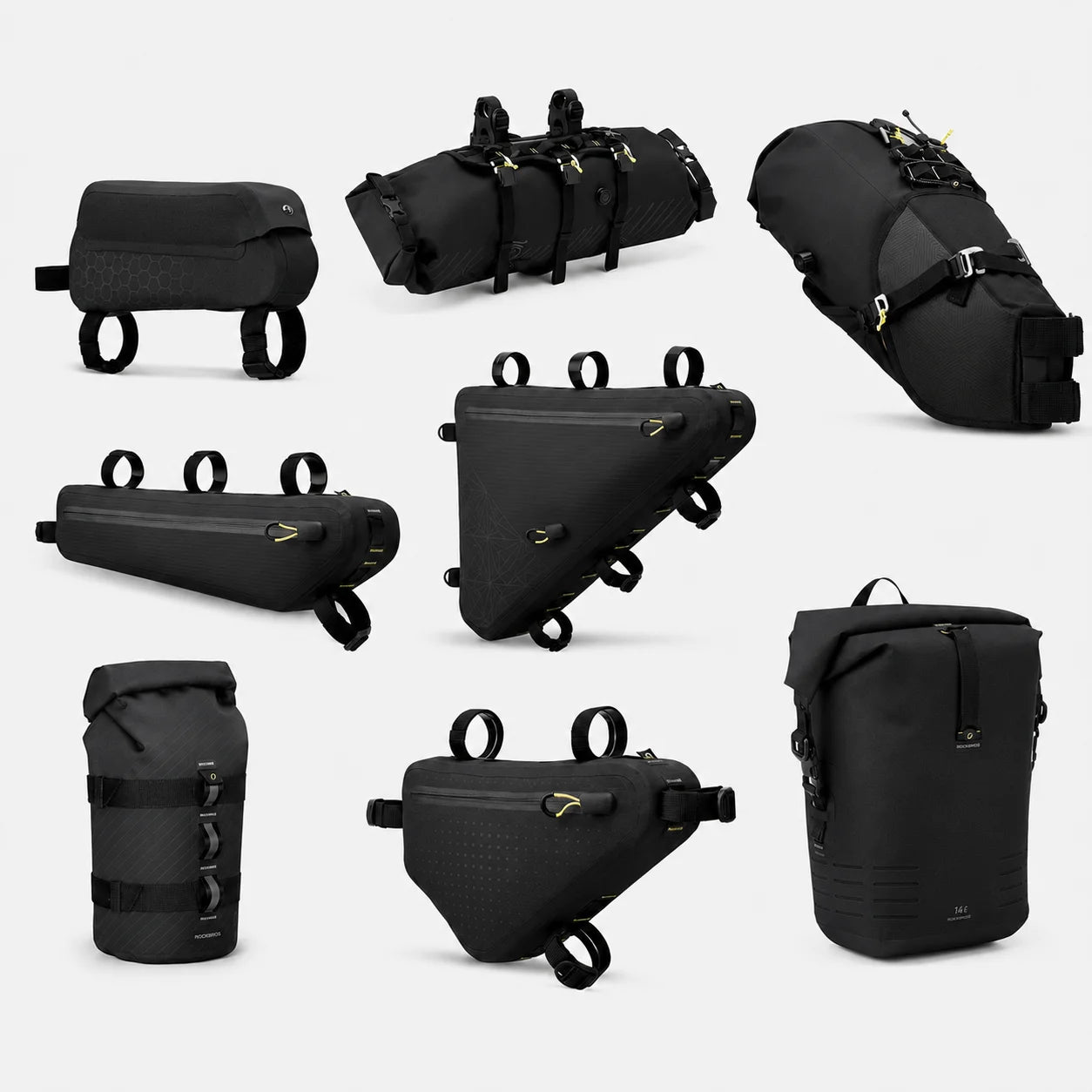 Collection kit de sacoches vélo noires bikepacking cadre selle guidon Image