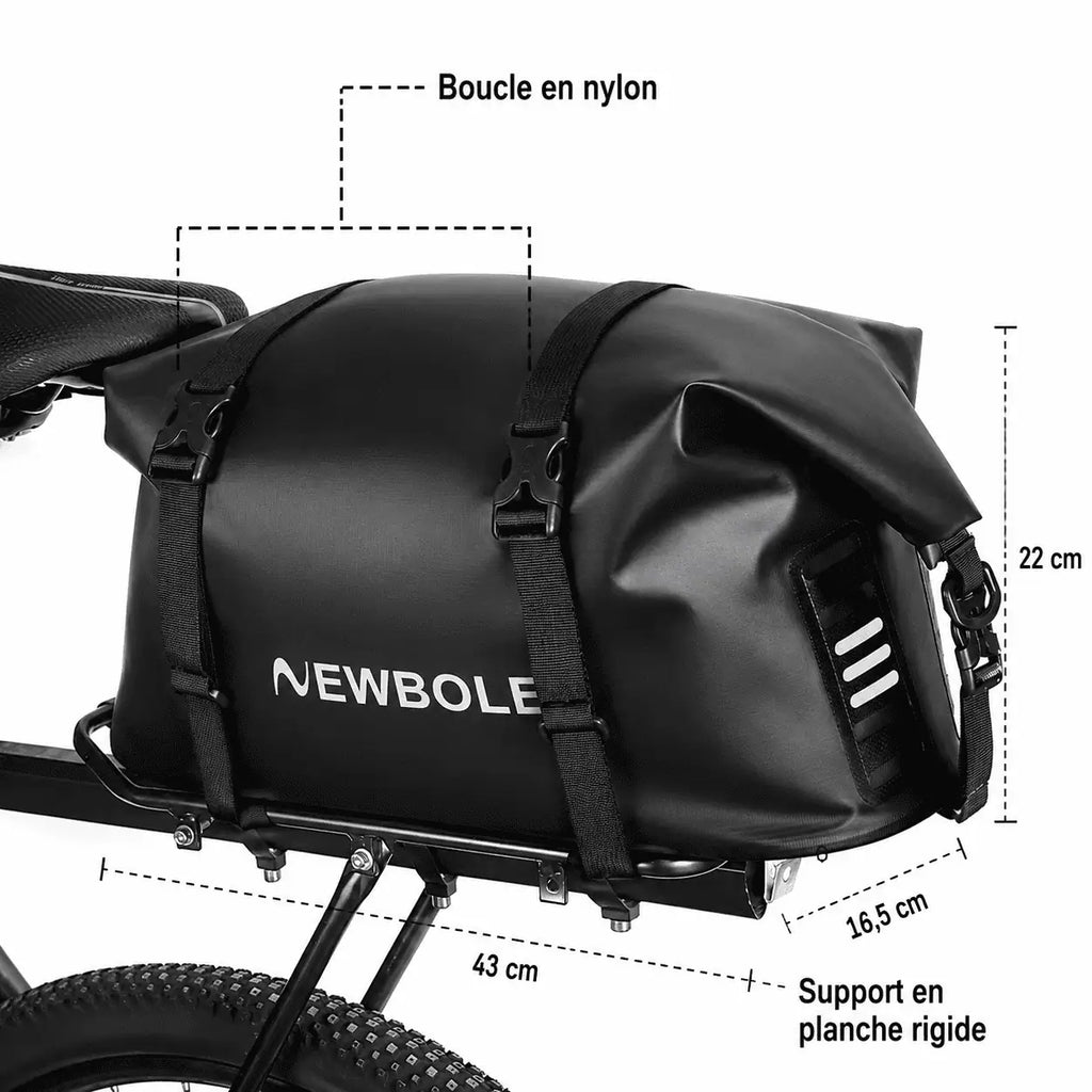Boucle en nylon et support en planche rigide, avec cotes de la sacoche montée