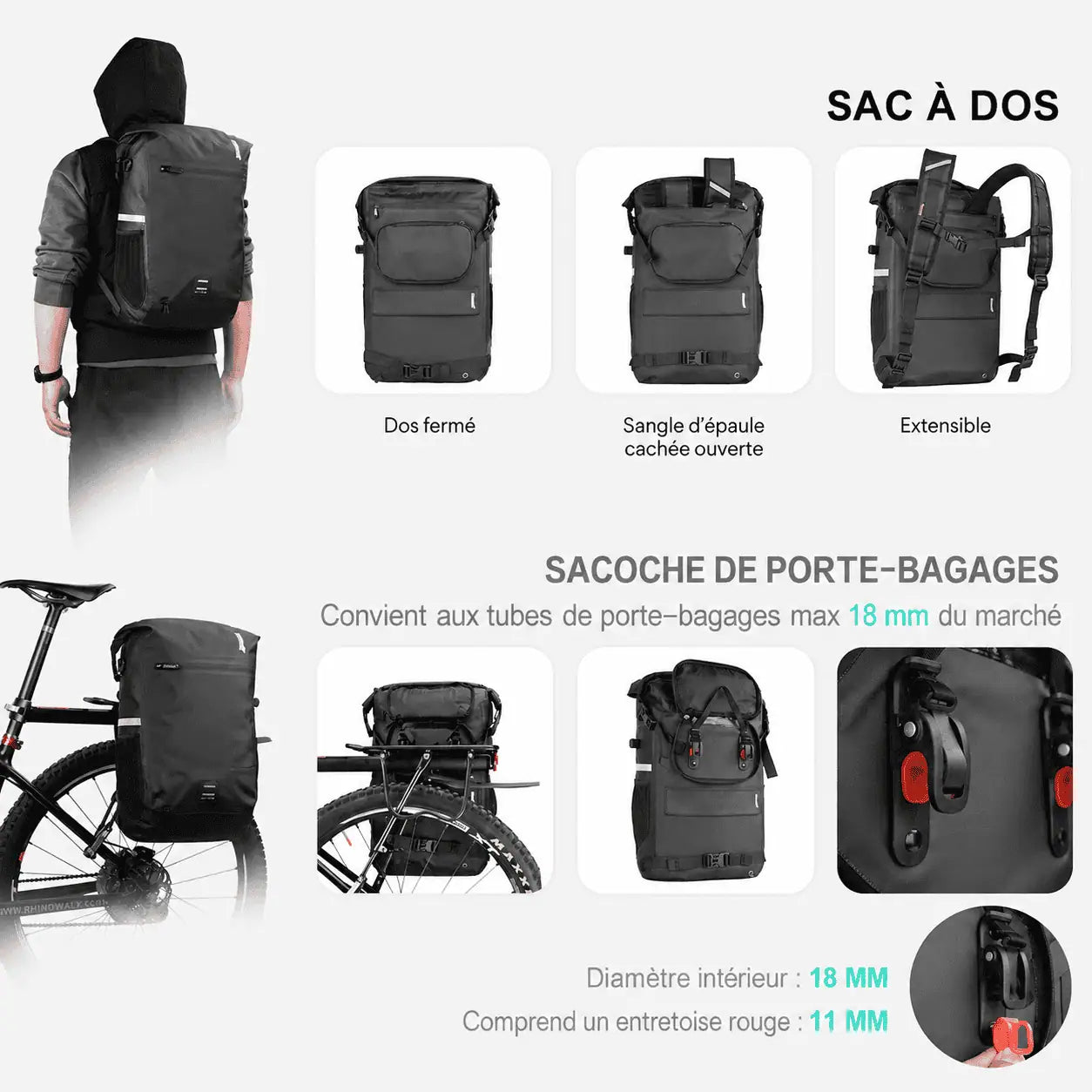 Bretelles dissimulées ouvertes en mode sac à dos et système de crochets en mode sacoche de porte-bagages
