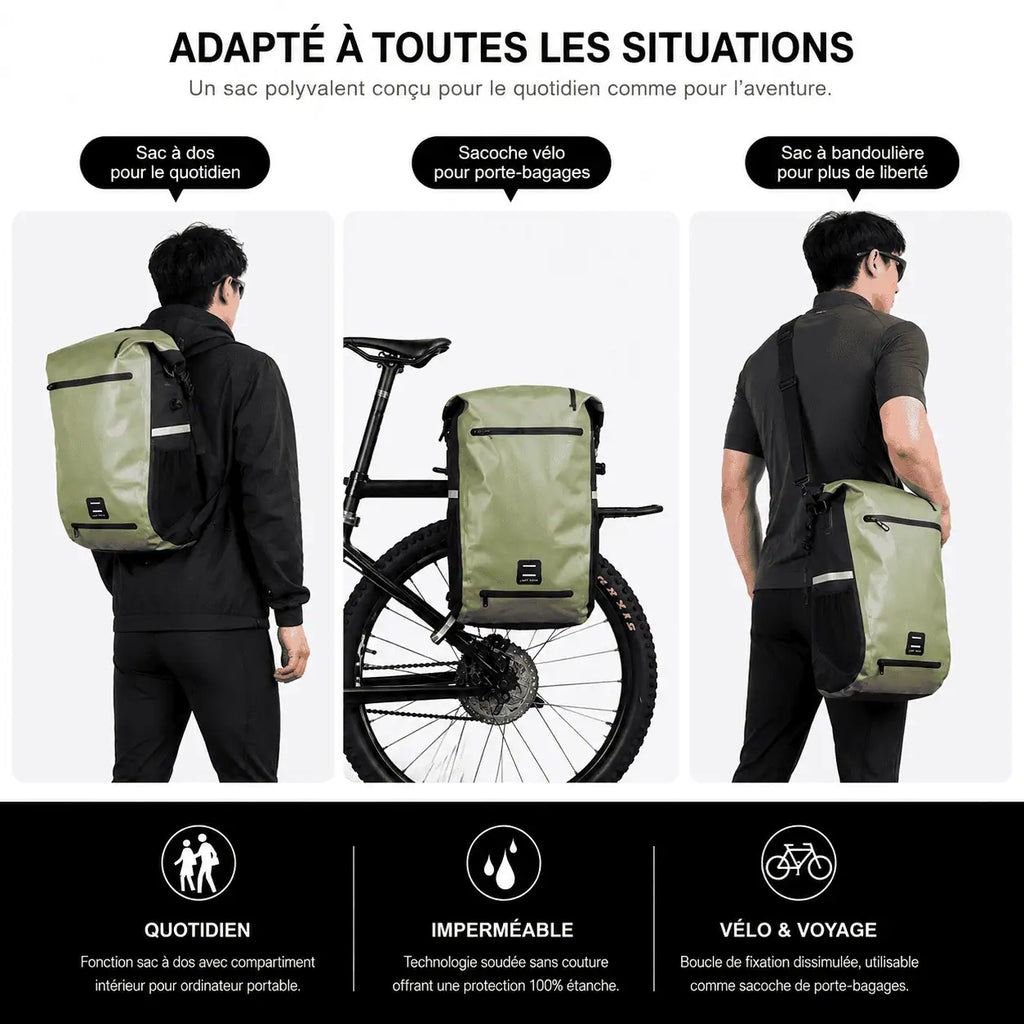 Trois modes de port du modèle vert : sac à dos, sacoche fixée au porte-bagages, bandoulière