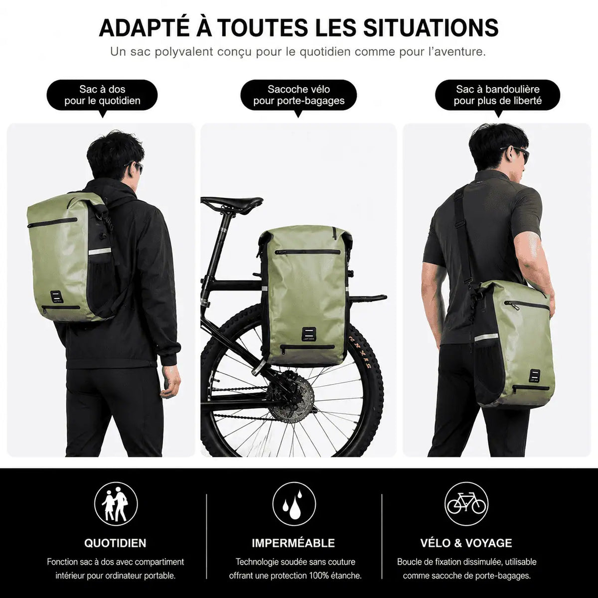 Trois modes de port du modèle vert : sac à dos, sacoche fixée au porte-bagages, bandoulière