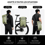 Trois modes de port du modèle vert : sac à dos, sacoche fixée au porte-bagages, bandoulière