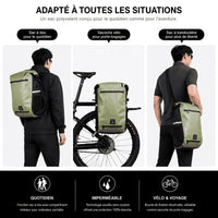 Trois modes de port du modèle vert : sac à dos, sacoche fixée au porte-bagages, bandoulière