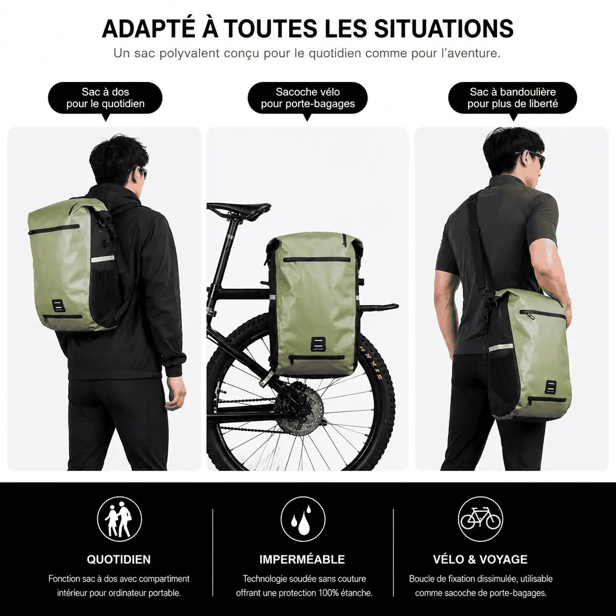 Trois modes de port du modèle vert : sac à dos, sacoche fixée au porte-bagages, bandoulière