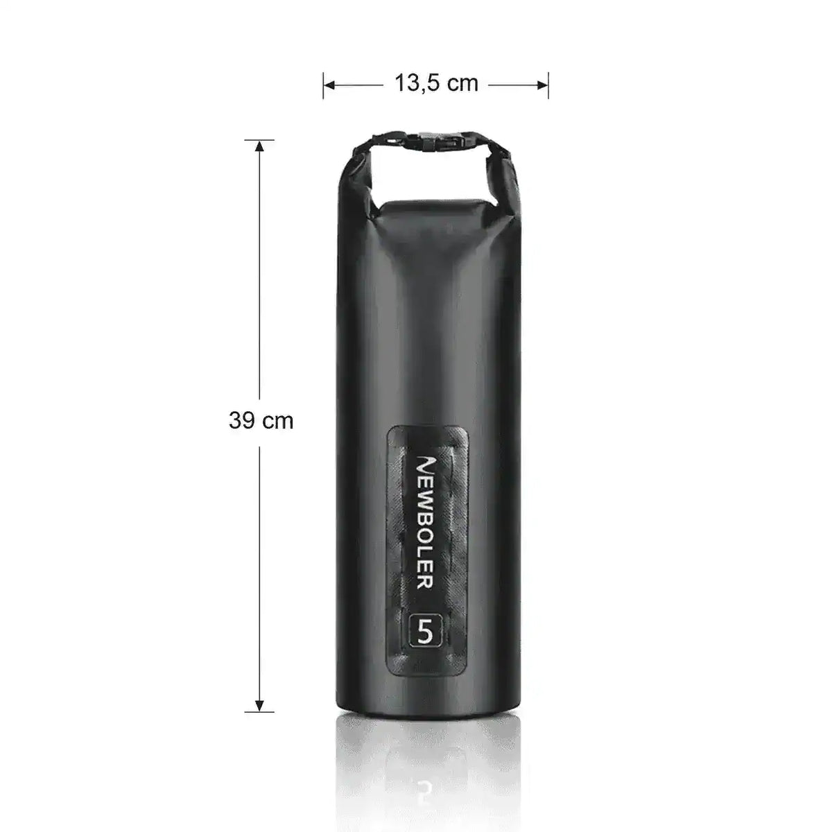 Sacoche cylindrique noire 5L pour vélo avec ses dimensions 13,5 cm x 39 cm