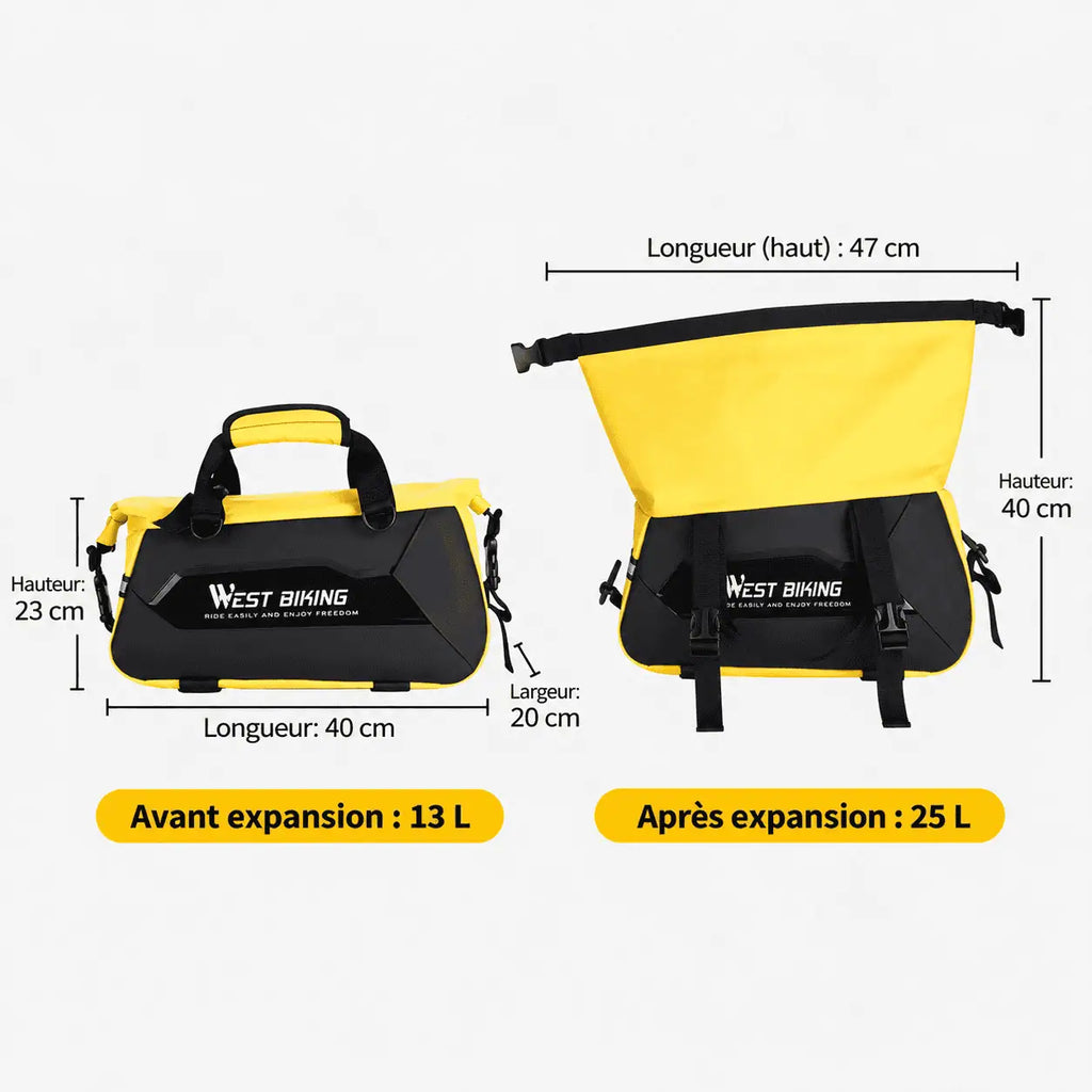 Dimensions de la sacoche : 40 cm de long, 23 cm de haut repliée et 47 cm col déployé, de 13 à 25 L