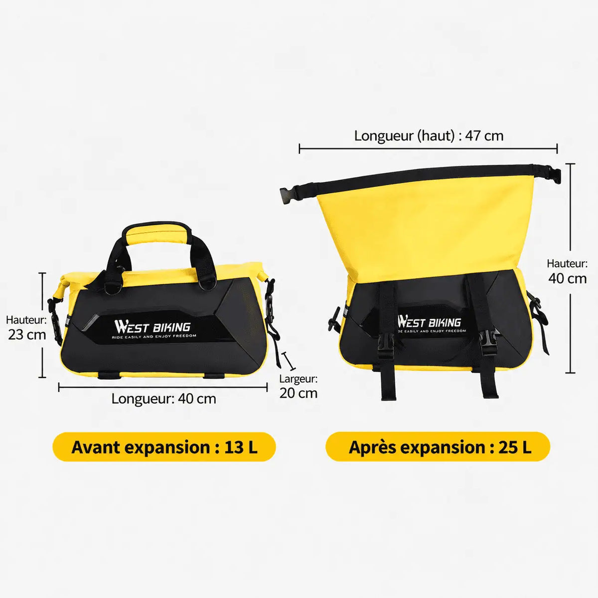 Dimensions de la sacoche : 40 cm de long, 23 cm de haut repliée et 47 cm col déployé, de 13 à 25 L