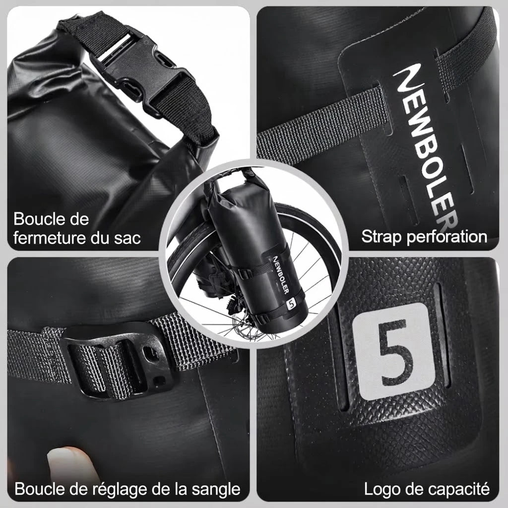 Détails de la sacoche vélo étanche : fermeture enroulable à boucle, sangles réglables et logo de capacité