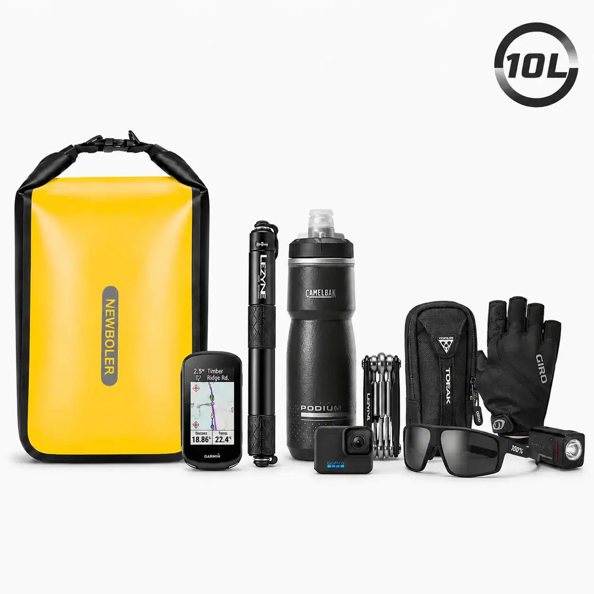 Sacoche vélo étanche jaune 10L avec les accessoires pouvant être rangés à l'intérieur
