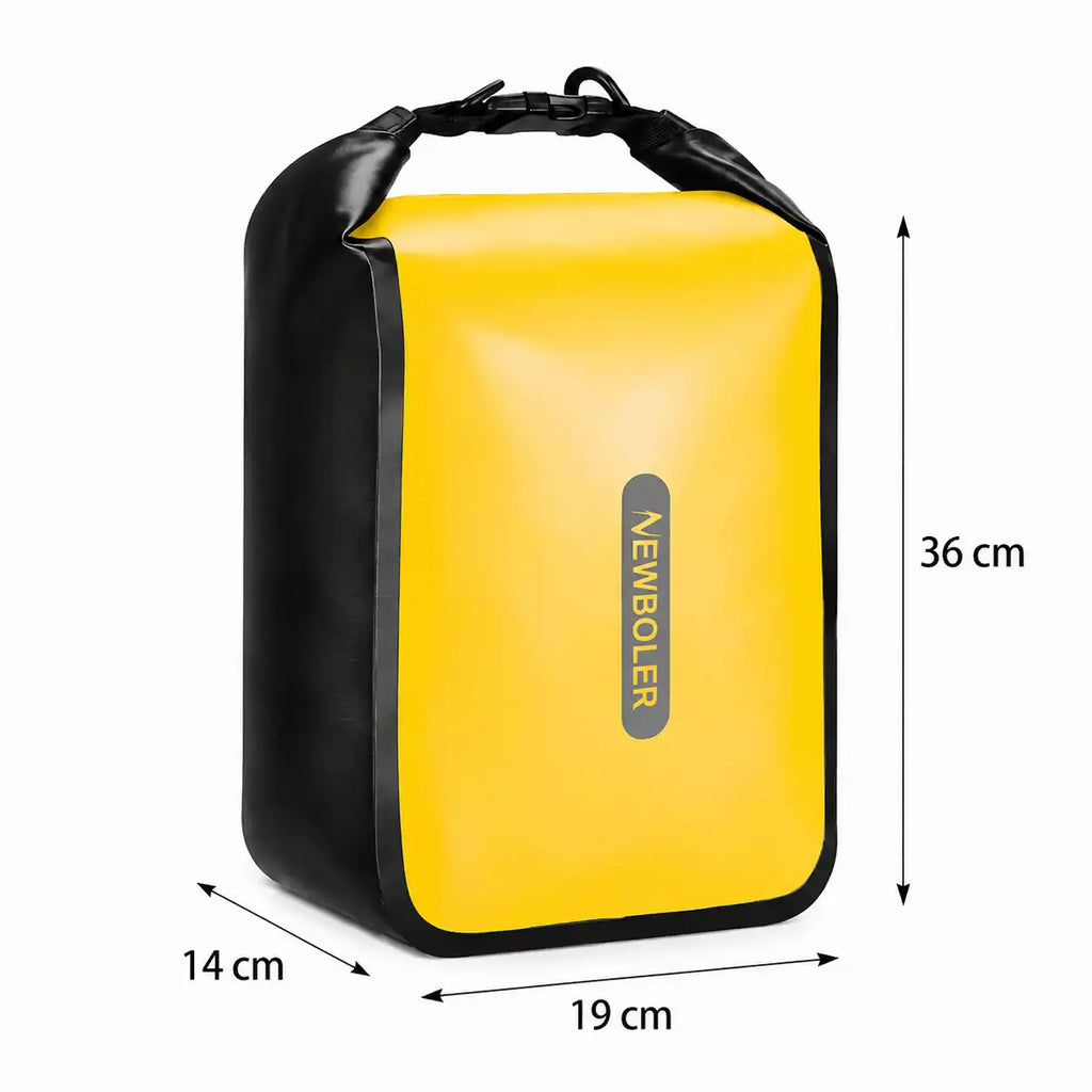 Sacoche vélo étanche jaune Newboler avec ses dimensions 36x19x14 cm