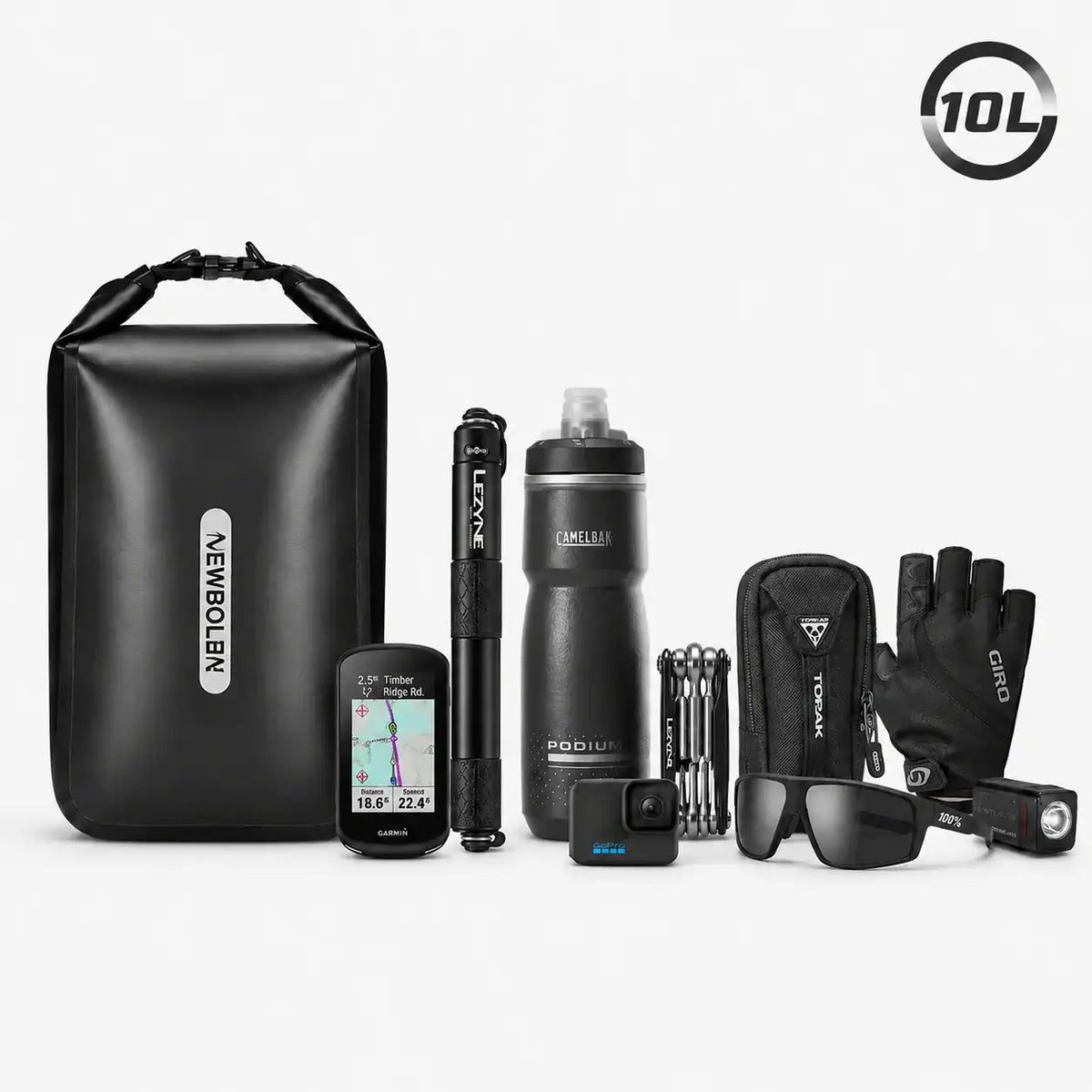Sacoche vélo étanche noire 10L avec les accessoires pouvant être rangés à l'intérieur
