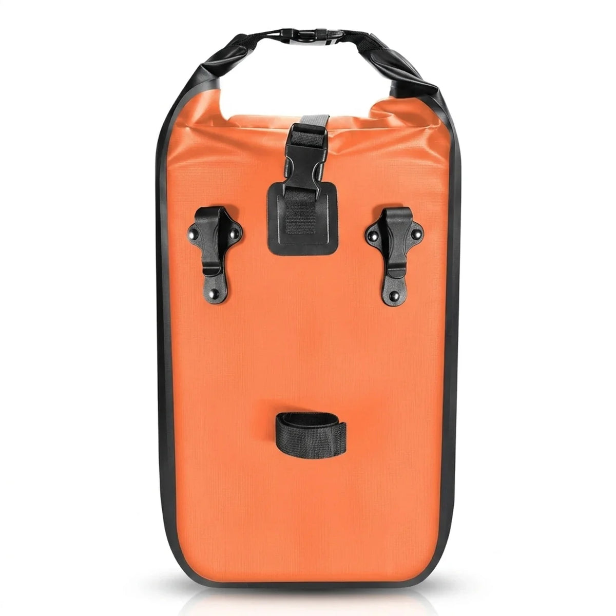 Sacoche de velo etanche orange vue de face avec clips et sangles de fixation noires