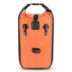 Sacoche de velo etanche orange vue de face avec clips et sangles de fixation noires