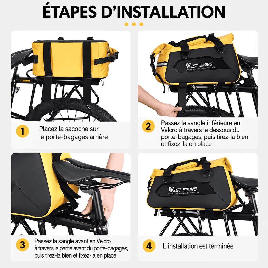 Étapes d'installation de la sacoche sur le porte-bagages arrière avec les sangles auto-agrippantes
