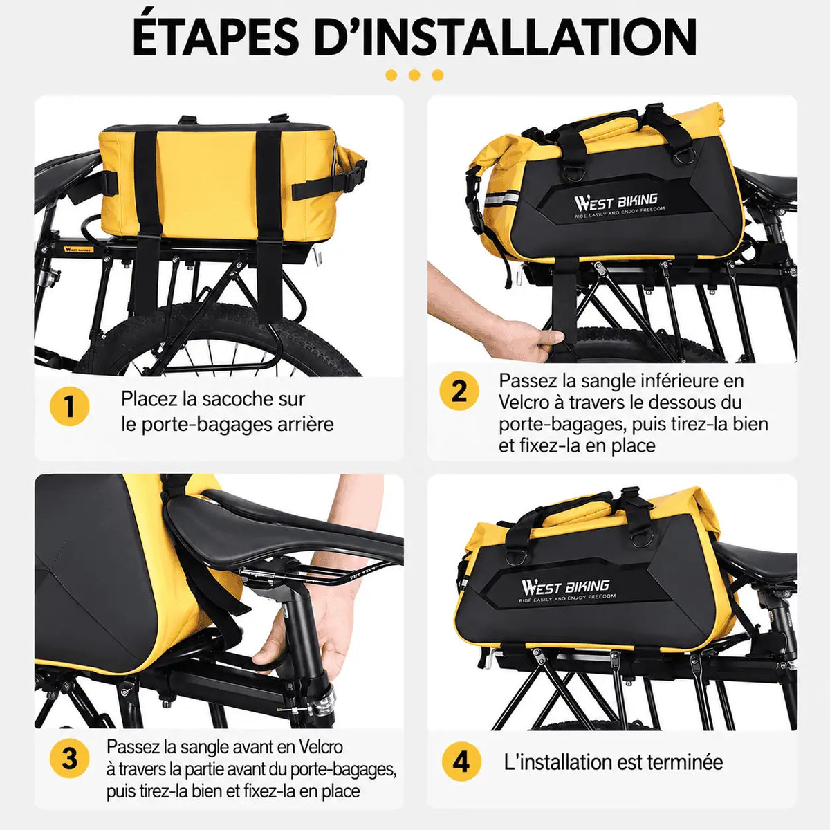 Étapes d'installation de la sacoche sur le porte-bagages arrière avec les sangles auto-agrippantes