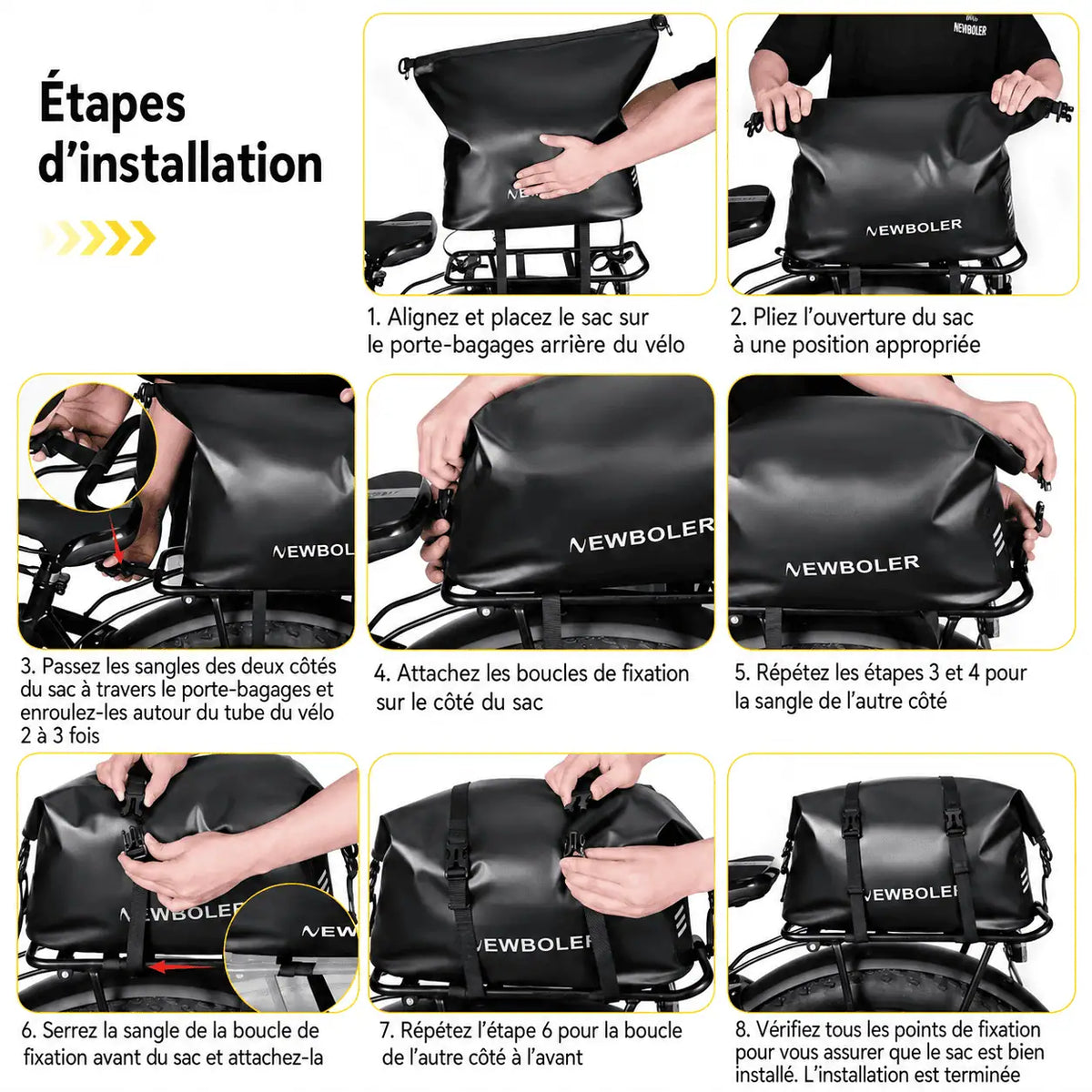 Étapes d'installation en six vignettes, de l'alignement sur le porte-bagages au serrage des boucles