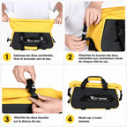 Fixation de la sacoche en quatre gestes : serrage des extrémités puis attache des boucles sous le porte-bagages
