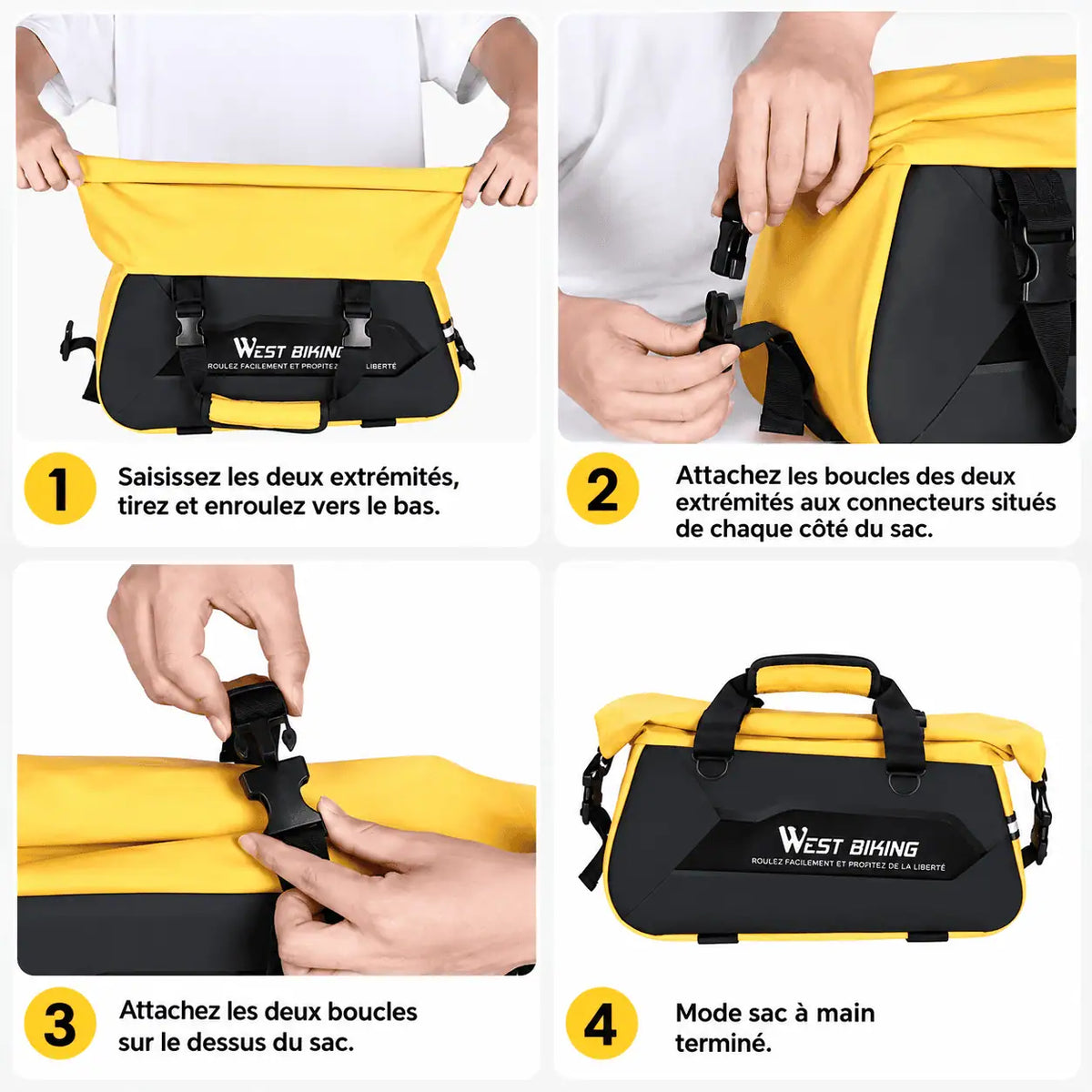 Fixation de la sacoche en quatre gestes : serrage des extrémités puis attache des boucles sous le porte-bagages