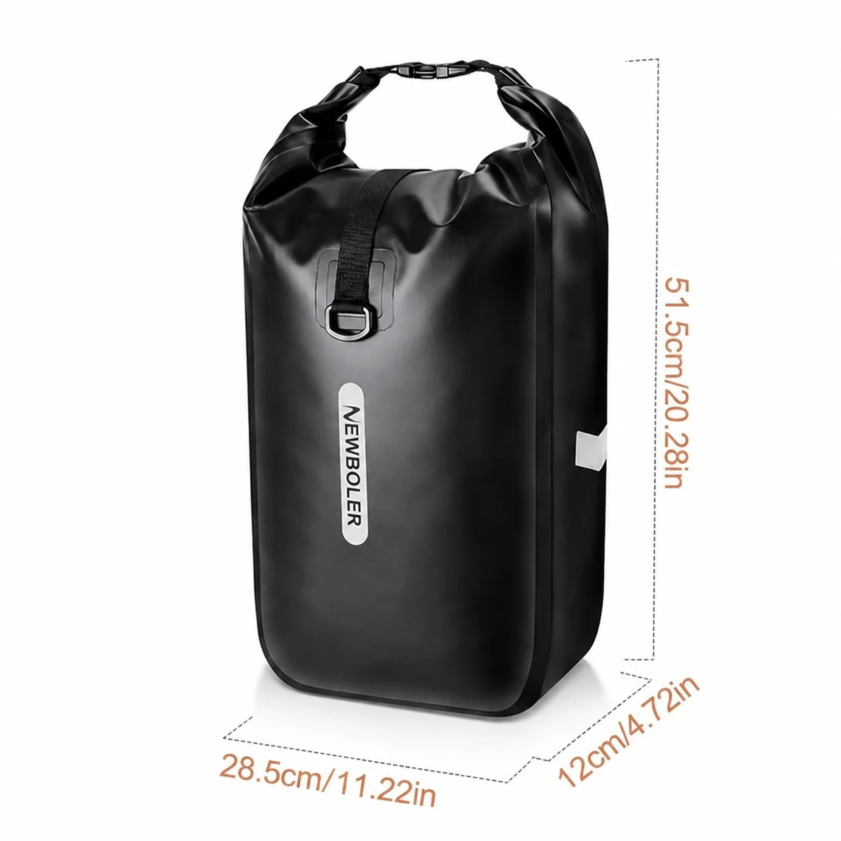 Sacoche vélo noire roll-top présentée avec ses dimensions 28,5 x 12 x 51 cm