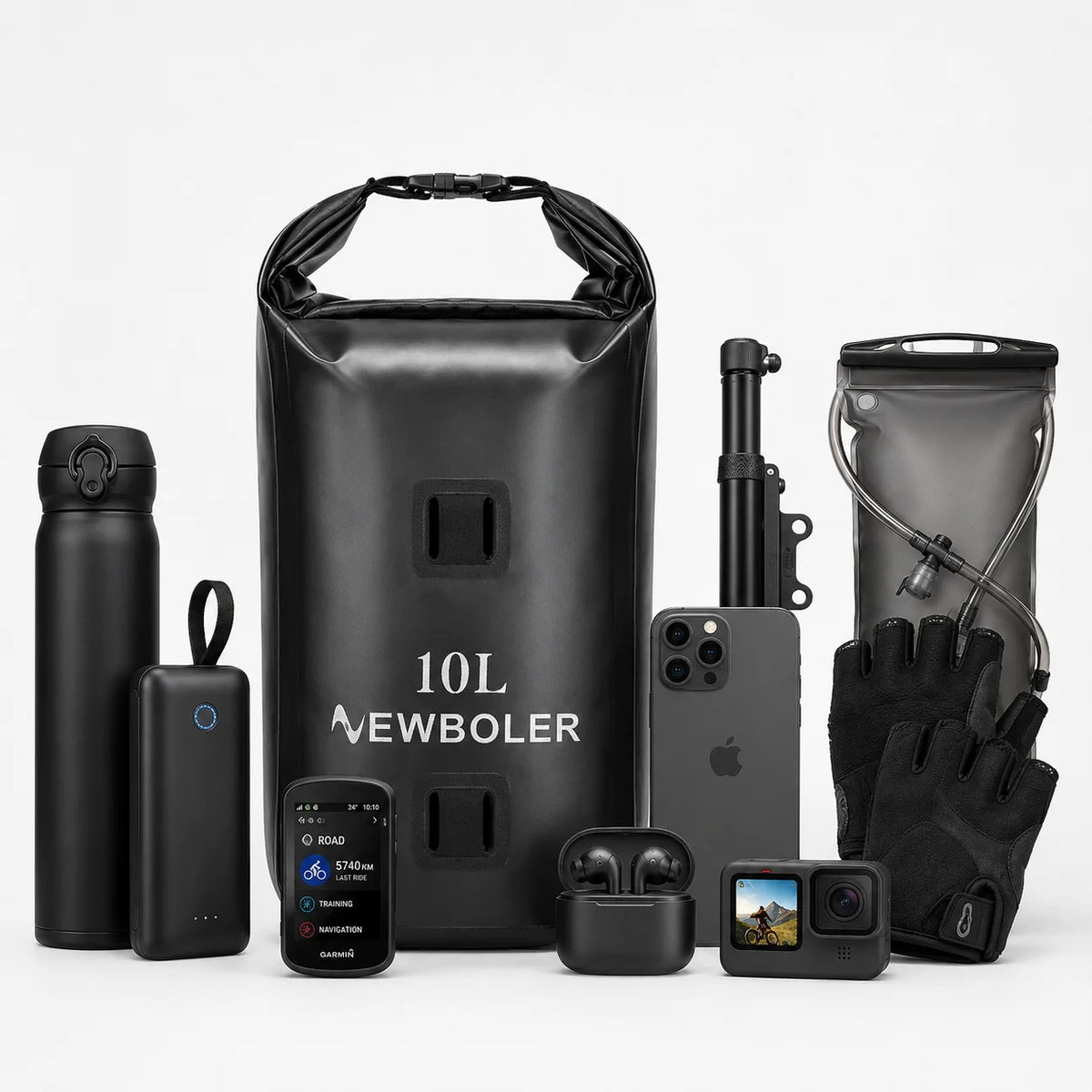 Sacoche de vélo noire 10L étanche entourée de ses accessoires