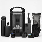 Sacoche de vélo noire 10L étanche entourée de ses accessoires