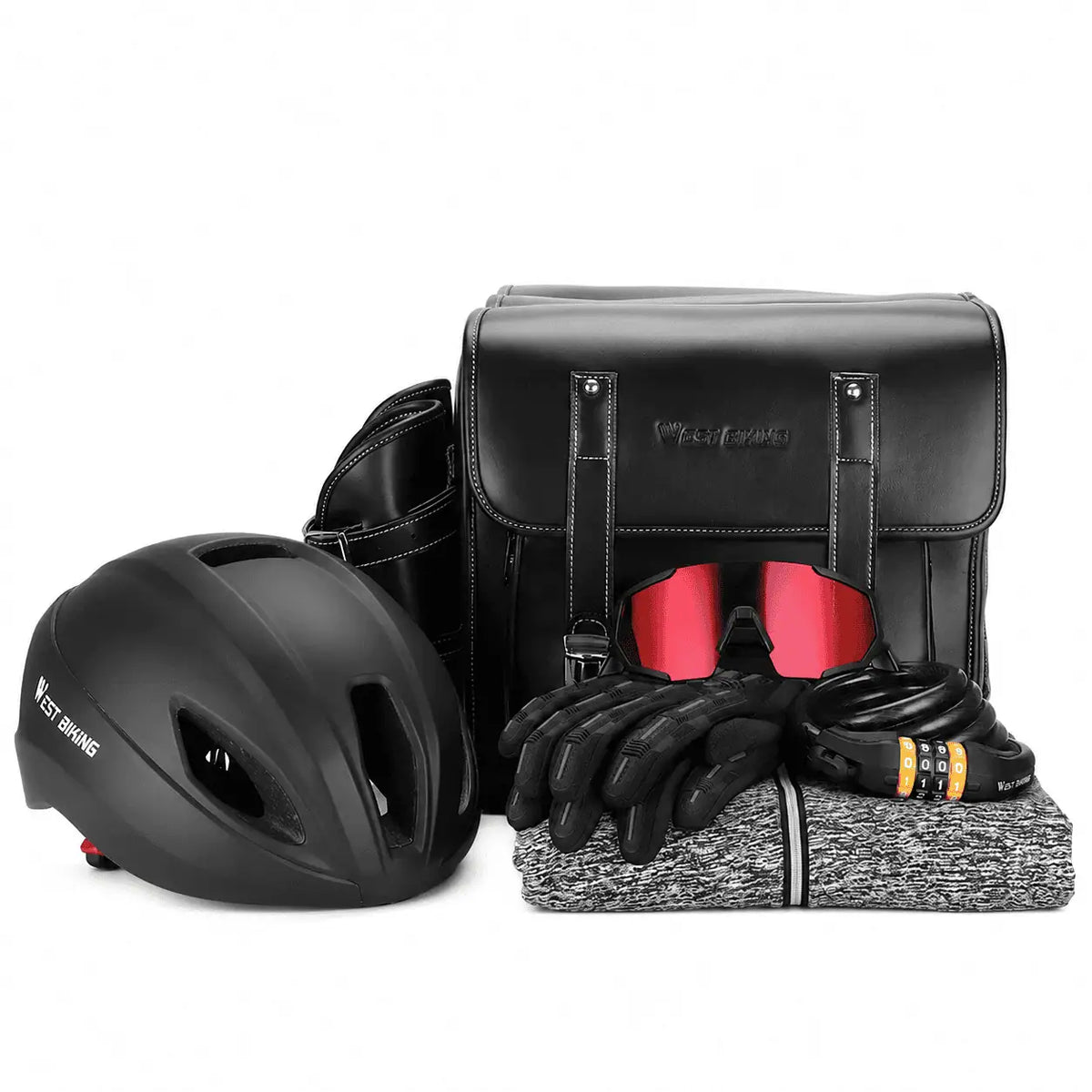 Sacoche de velo noire presentee avec casque, lunettes, gants et antivol sur fond blanc.
