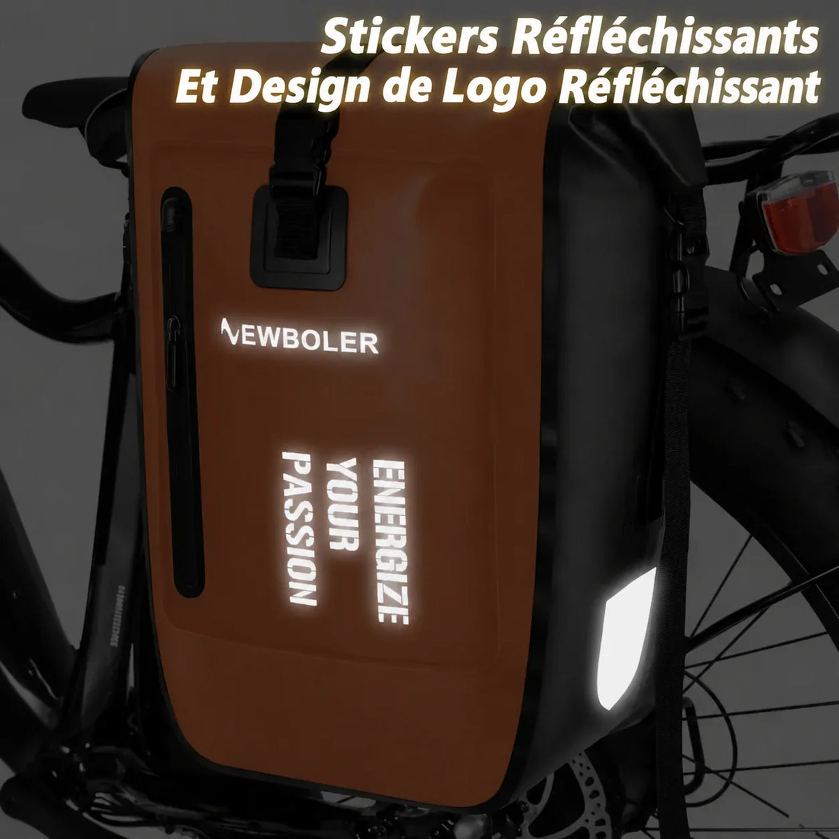Sacoche vélo porte-bagage orange avec éléments réfléchissants