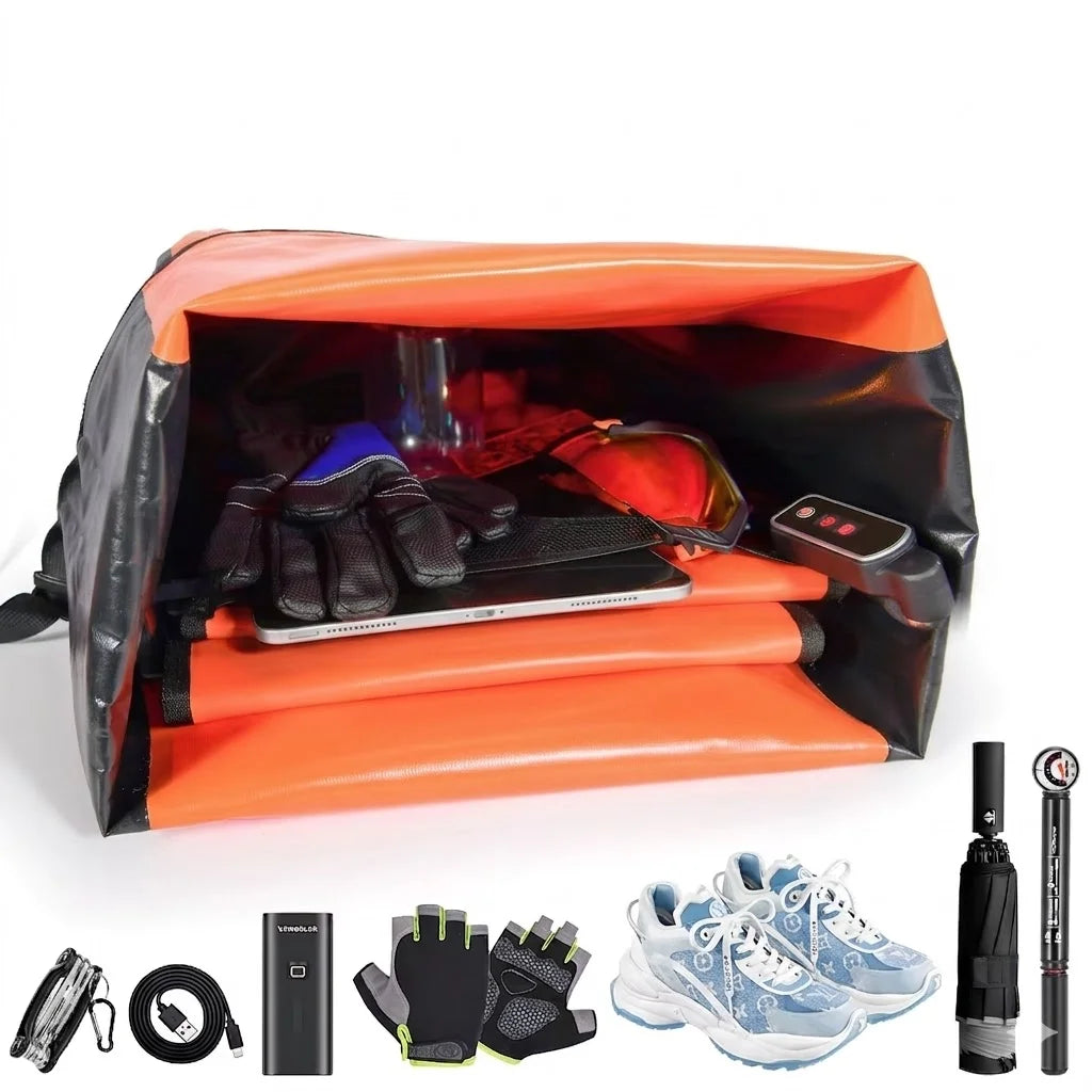 Sacoche vélo orange ouverte avec accessoires cycliste : gants, lunettes, tablette, pompe, chaussures