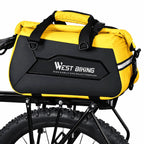 Sacoche jaune fixée sur le porte-bagages arrière, vue de trois quarts
