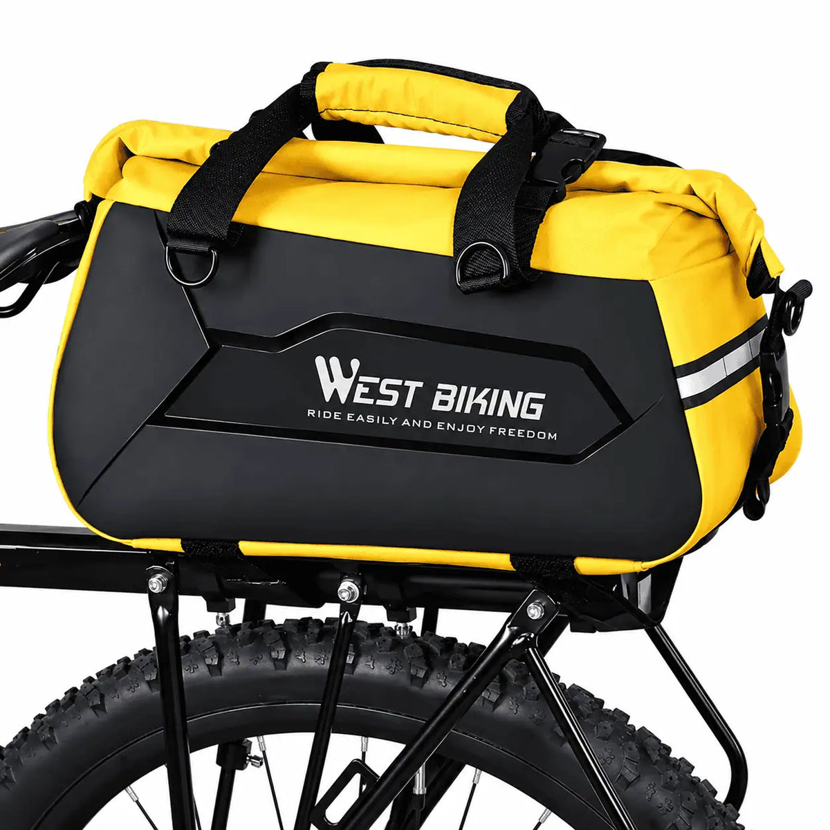 Sacoche jaune fixée sur le porte-bagages arrière, vue de trois quarts