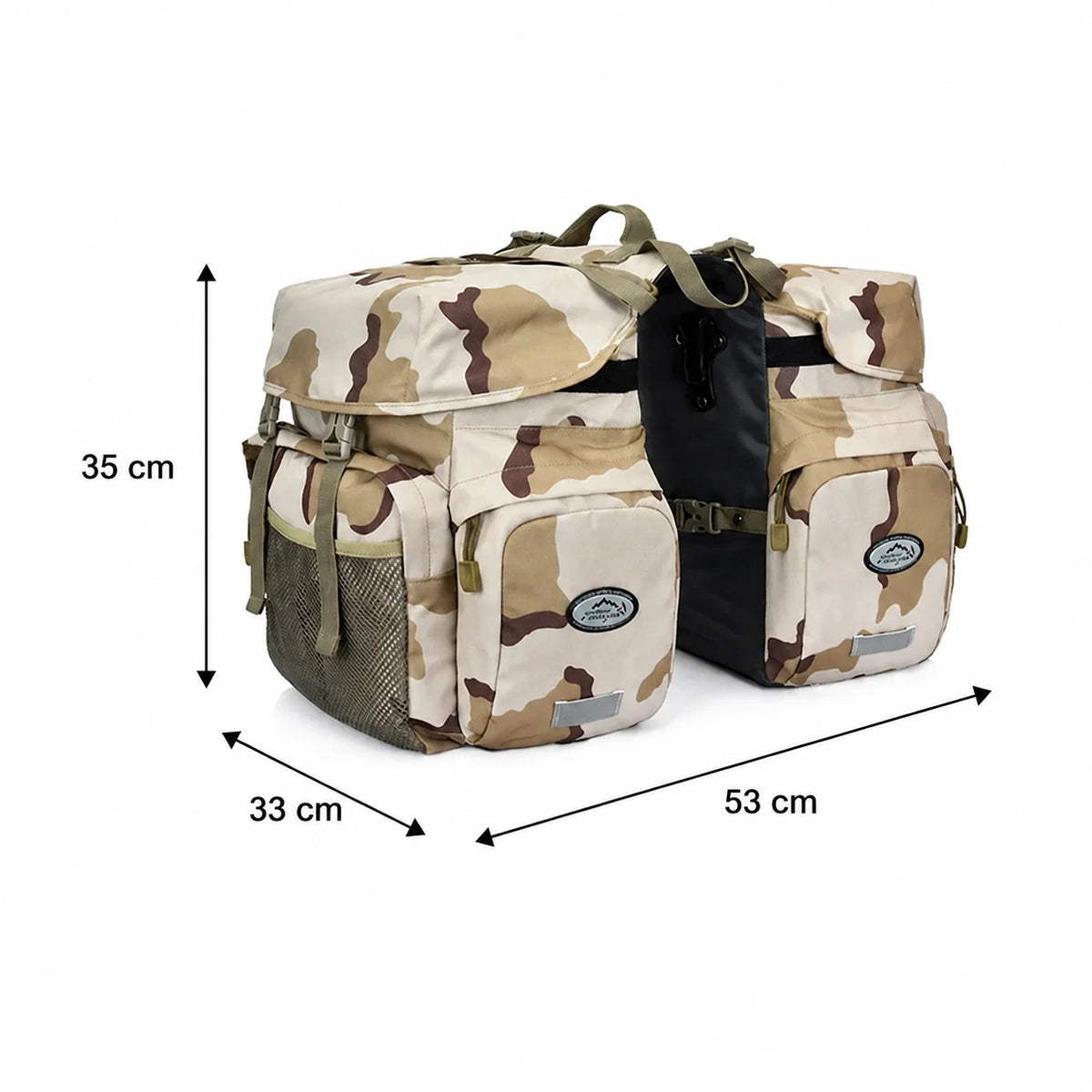 Sacoche vélo porte-bagage triple camouflage avec dimensions 35x33x53 cm