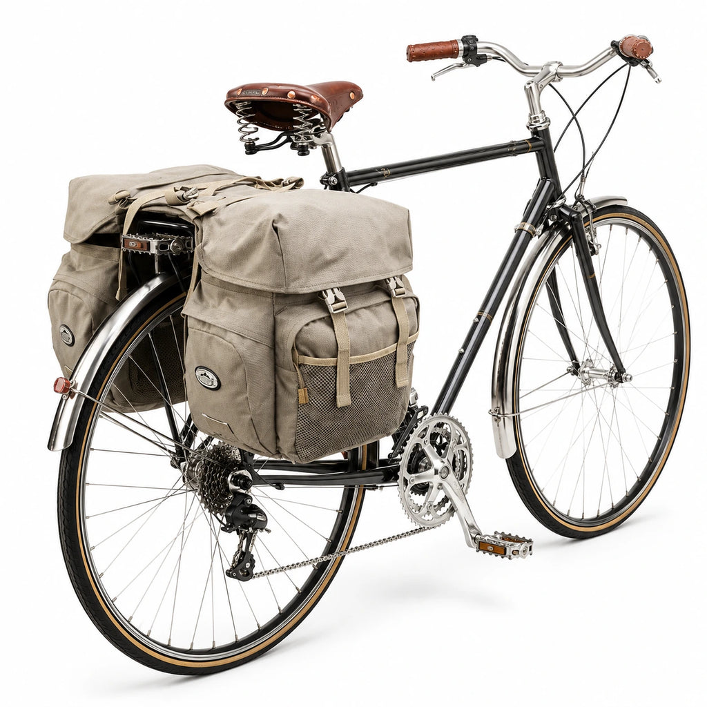 Sacoche vélo porte-bagage triple kaki sur vélo rétro noir selle cuir