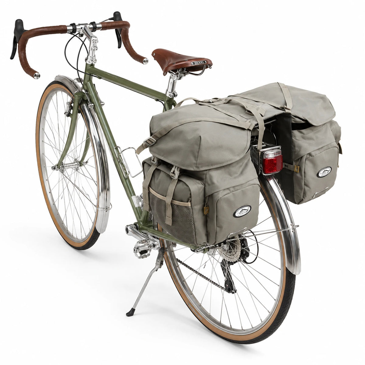 Sacoche vélo porte-bagage triple kaki sur vélo vintage vert guidon course
