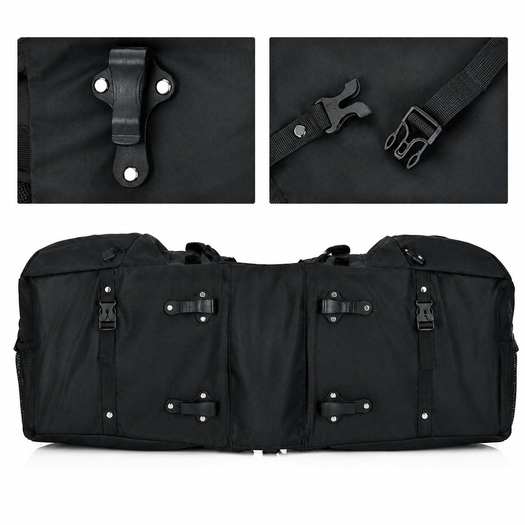 Sacoche vélo porte-bagage noire avec détail des fixations et sangles