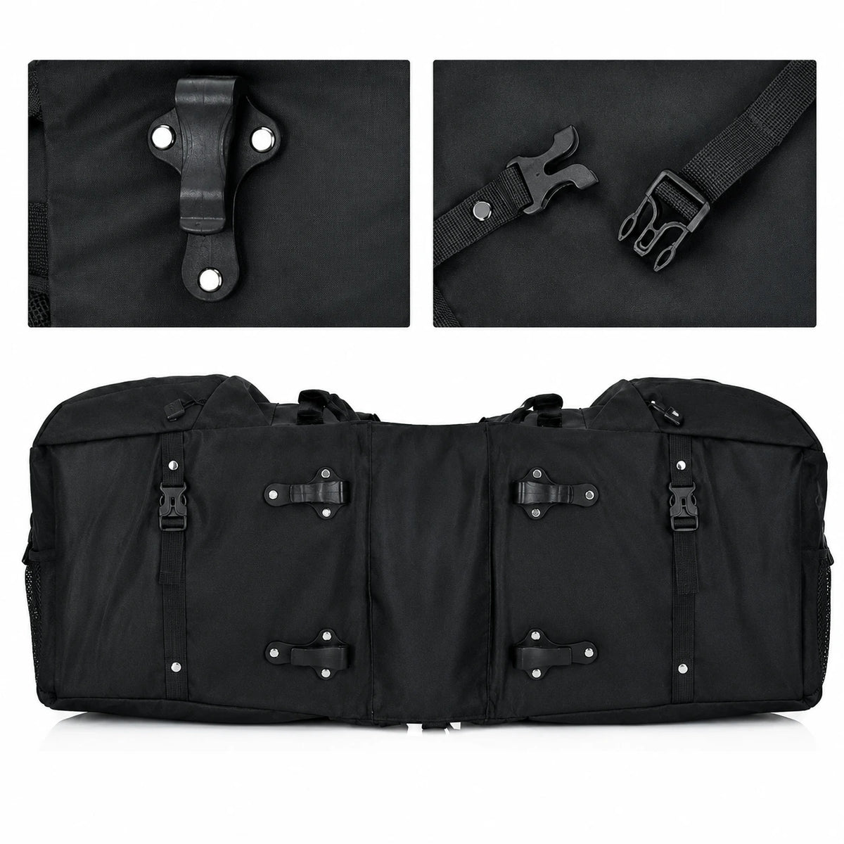 Sacoche vélo porte-bagage noire avec détail des fixations et sangles