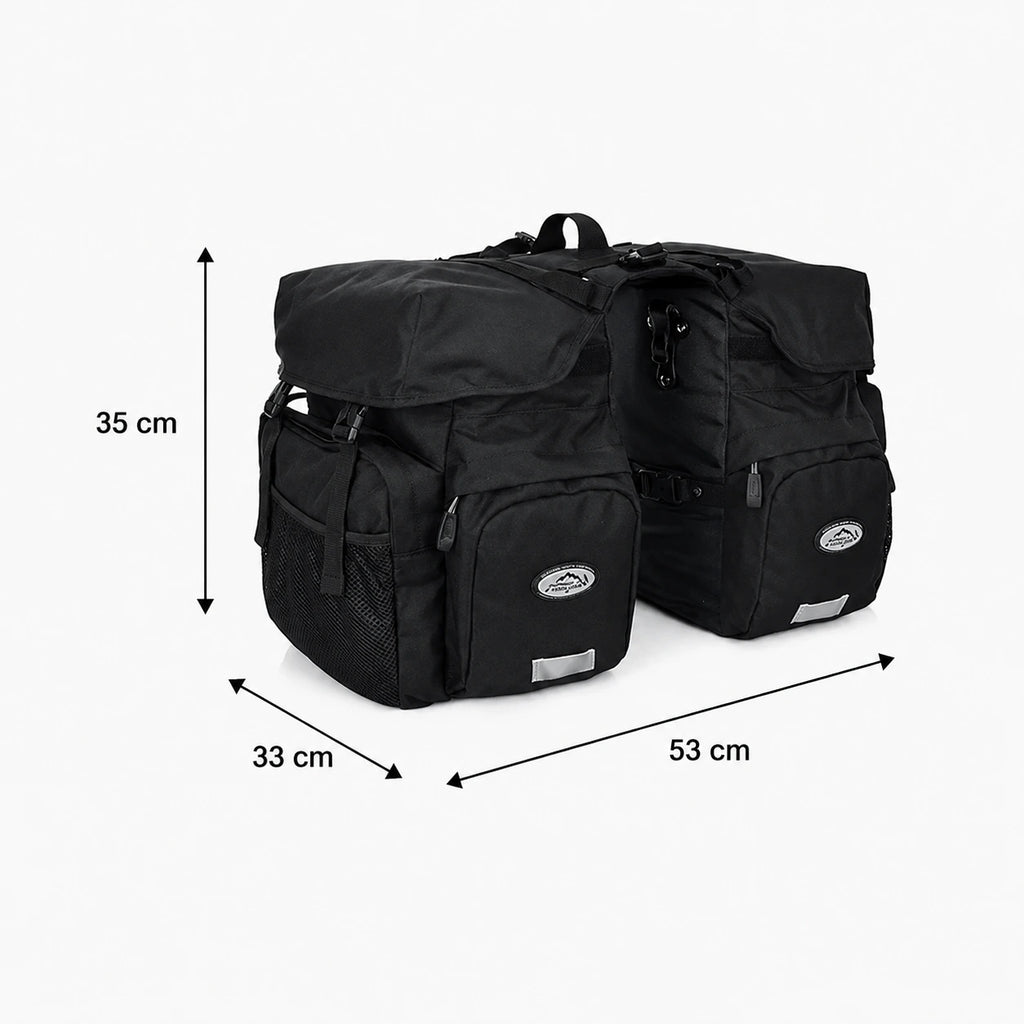 Sacoche vélo porte-bagage triple noire avec dimensions 35x33x53 cm