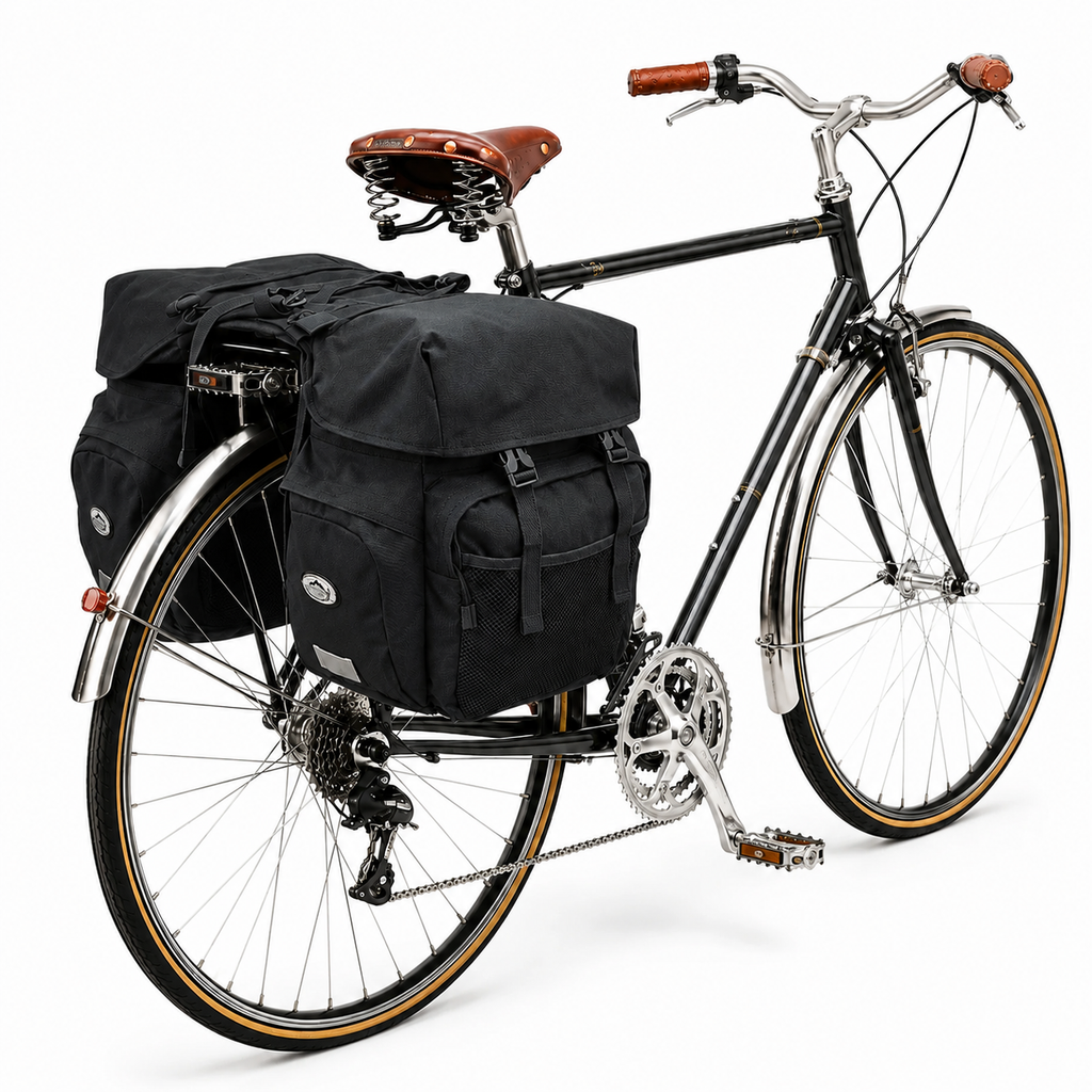 Sacoche vélo porte-bagage triple noire sur vélo rétro noir selle cuir