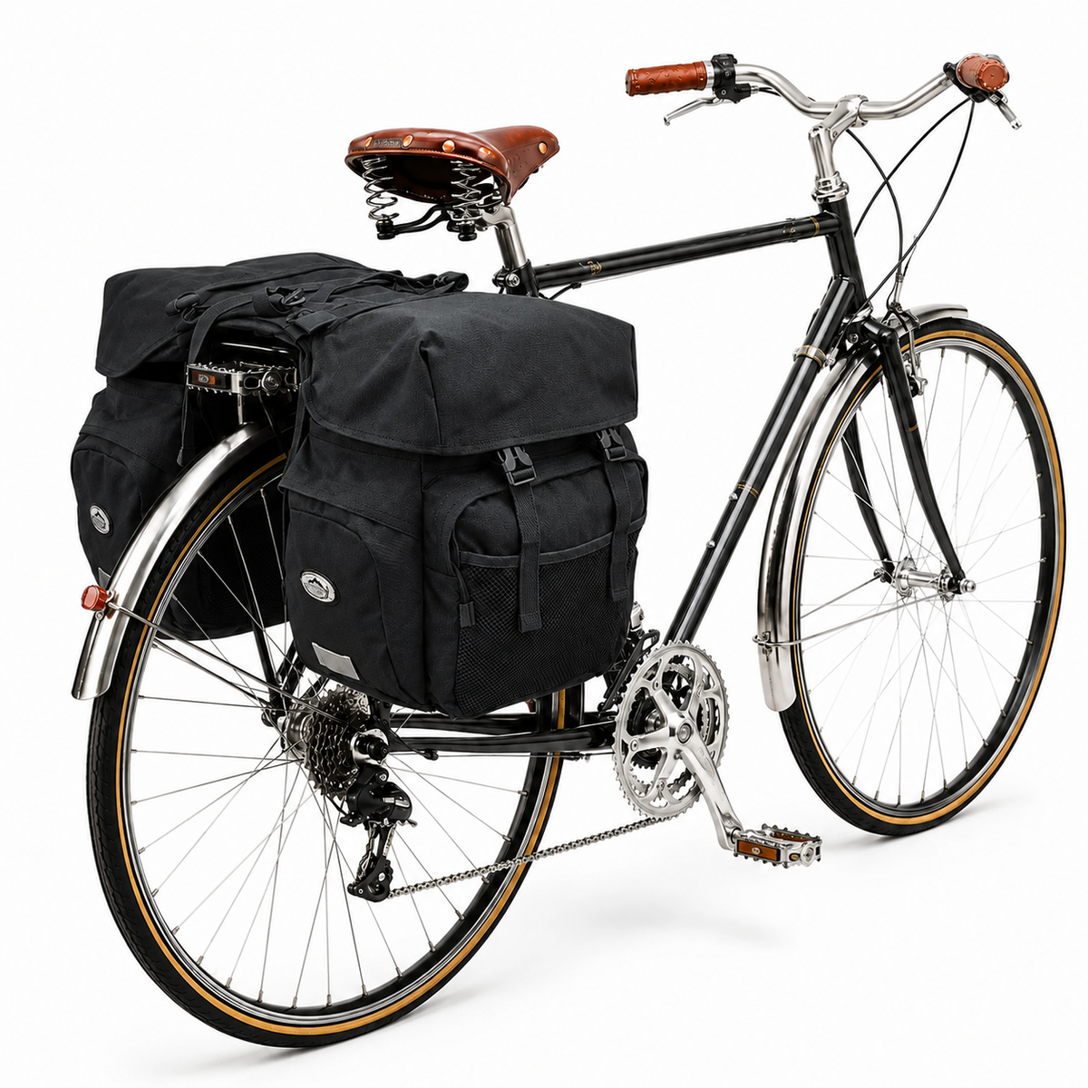 Sacoche vélo porte-bagage triple noire sur vélo rétro noir selle cuir