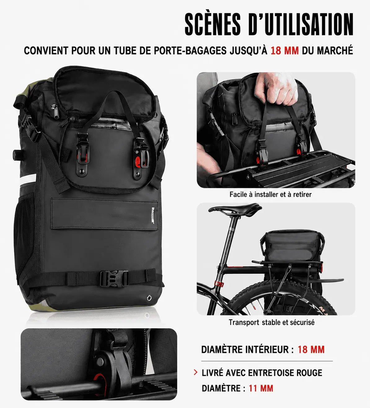Fixation de la sacoche sur un tube de porte-bagages de 18 mm, entretoise rouge de 11 mm fournie