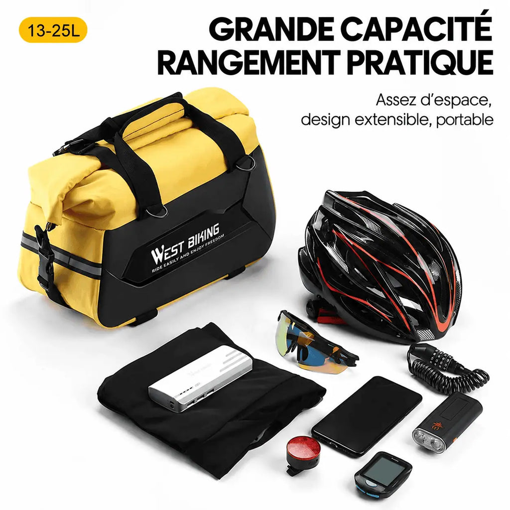 Sacoche ouverte contenant un casque, un antivol, un téléphone et des accessoires de vélo