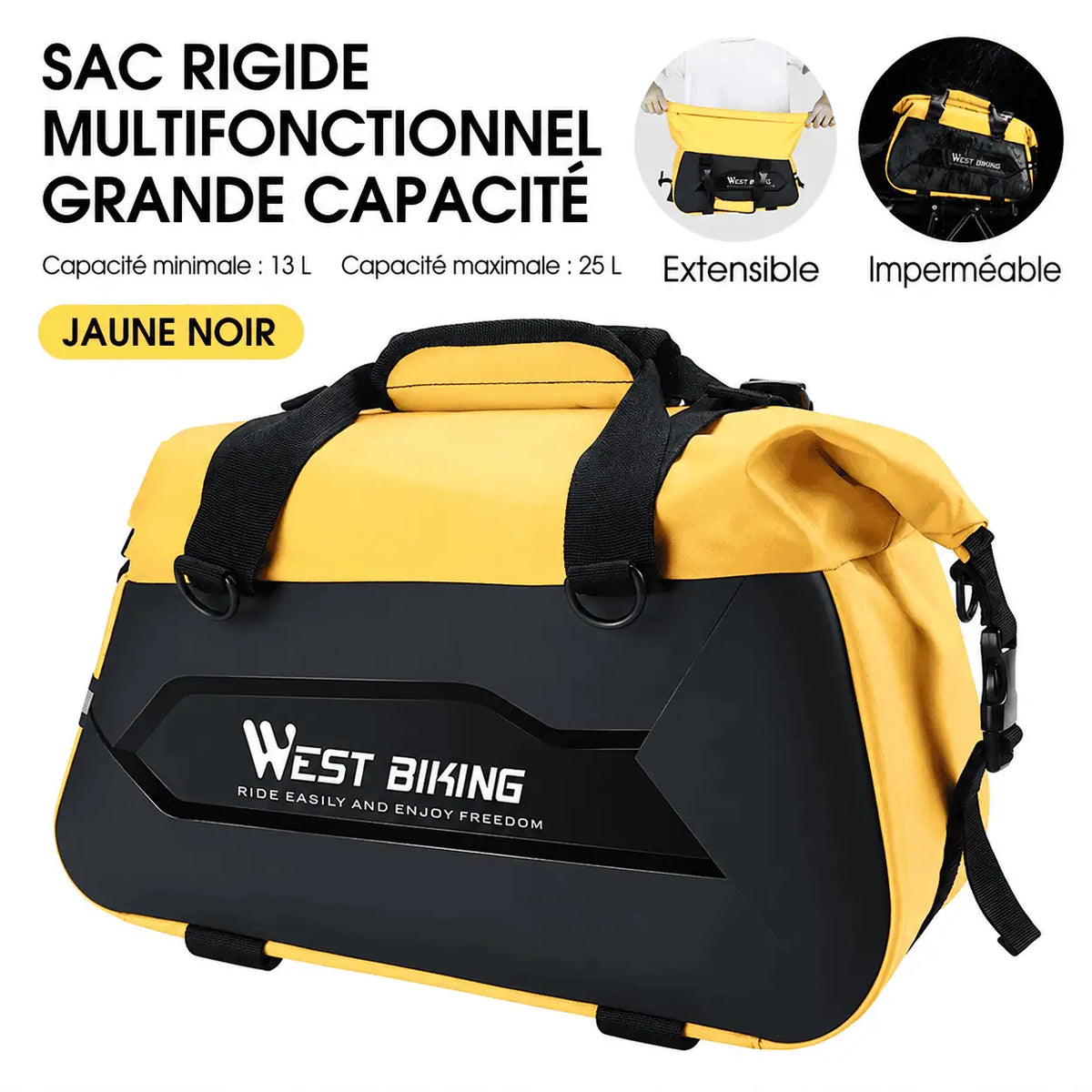 Coloris jaune et noir de la sacoche rigide, capacité de 13 à 25 L