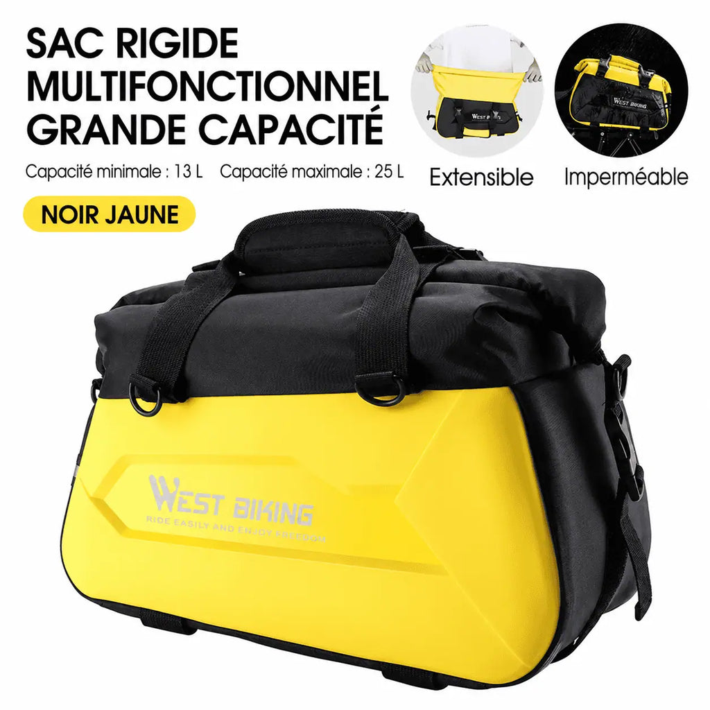 Coloris noir et jaune de la sacoche rigide, capacité de 13 à 25 L