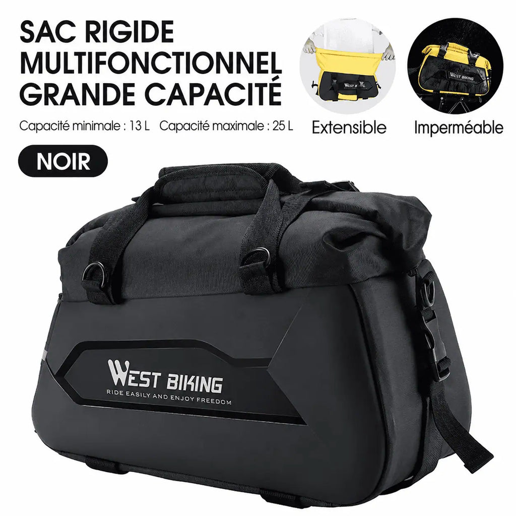 Coloris noir de la sacoche rigide, capacité de 13 à 25 L